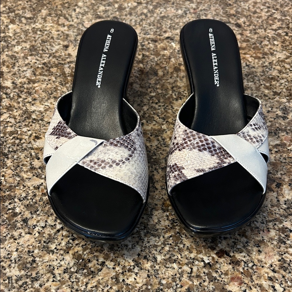 Athena Alexander Black and White Snakeskin Mules